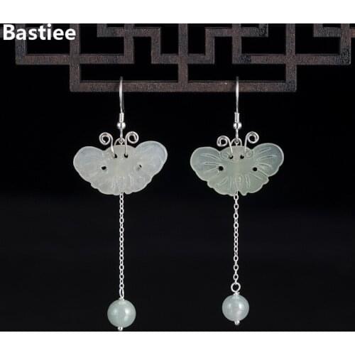 Bastiee Jade Butterfly Pearl Drop Earrings 925 Sterling Silver Jewelry For Women Accessories Dangle Earring Chinese Vintage