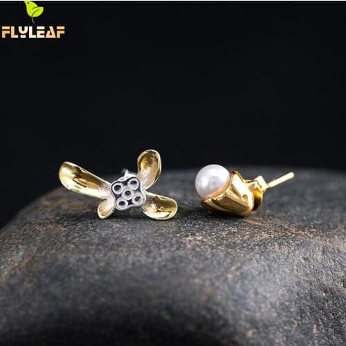 Freshwater Pearls Flower Asymmetry Stud Earrings For Women 925 Sterling Silver Original Chinese Style Female Vintage Jewelry