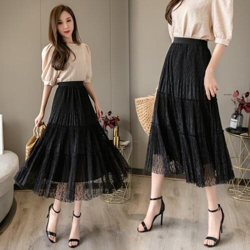 2021 Spring& Autumn New Elastic High Waist Slim Simple Solid Color Lace Skirt Casual Loose Women A-line Long Skirt Free Shipping