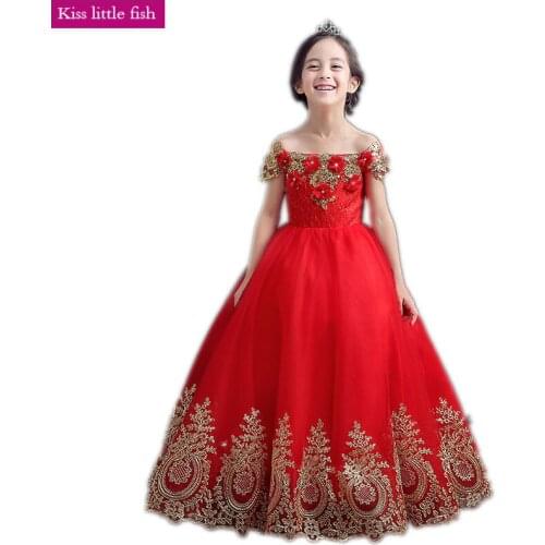 Free shipping Red Lace long flower girl dresses robe fille enfant mariage de soiree Girls pageant dresses