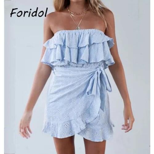 Foridol Embriodery Hollow Out Off Shoulder Summer Dress Women Casual Ruffle Cotton Sleeveless Blue Dress Beach Dress 2021