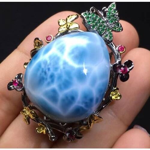 High Quality 925 Sterling Silver Natural Dominica Larimar butterfly Pendant Necklace For Women Gift