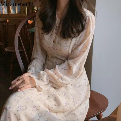 Mozuleva New 2021 Women Summer Dress Casual V-Neck Puff Sleeve Chiffon High Waist Print Floral Fashionable Long Dress femme