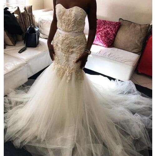 Gorgeous Floor length Lace beading pearls Mermaid Wedding Dress 2020 Sexy Backless Ruffles Train Wedding Gowns vestido de Novias