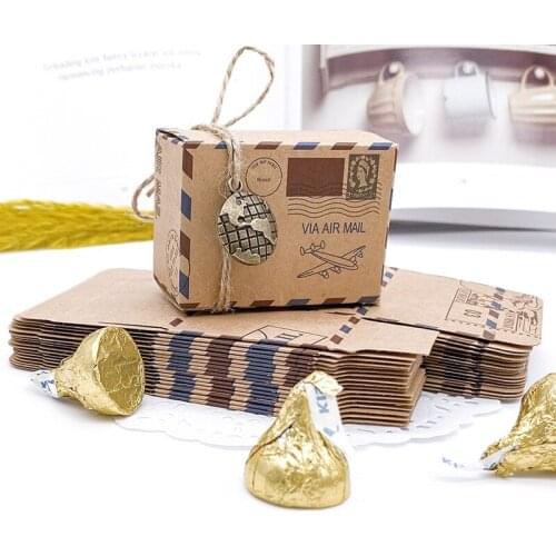 10pcs Kraft Paper Candy Box Vintage Stamp Travel Theme Airplane Air Mail Gift Packaging Boxes Wedding Birthday Party Favor Box