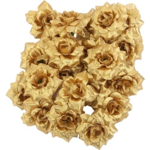 50 pcs Silk Roses Artificial Wedding Clips Wedding Decoration Flower Head (Golden)