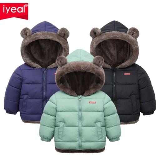 IYEAL Baby Girl Boy Jacket 2021 Autumn Winter Cartoon Clothes Kids Warm Fleece Inside Thick Hooded Coat Children Outerwear