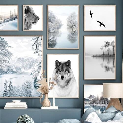 Wolf Lion Snow Scene Retro Lake Pine Forest Wall Art Canvas Painting Poster And Prints Living Room Decor Nordic Style Decoration