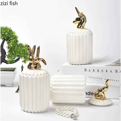Ceramic Storage Tank Plating Animal Cover Decoration Jewelry Box Candy Jar Cotton Swab Box WhiteVertical Stripes Decorative Jar