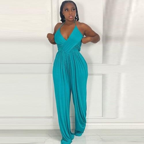 Spaghetti Strap Draped Wide Leg Jumpsuits for Women Hanging Neck Backless One Piece Overall Summer Solid Cleavage Beach Outfits