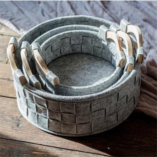 Grey Felt Cloth Woven Storage Basket Wooden Handles Simple Snacks Toys Organizer Frame Ins Sundries Finishing Box