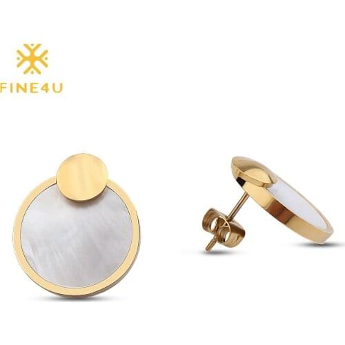 FINE4U E071 Trendy Korea Round Circle Coin Earrings Stainless Steel Stud Earrings For Women Statement Jewelry