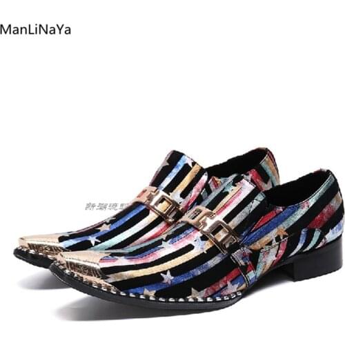 Mixed Colors StrapsGenuine Leather Men Dress Shoes Metal Buckle Chain Slip on Male Business Shoes Square Toe Iron Head Man Shoes