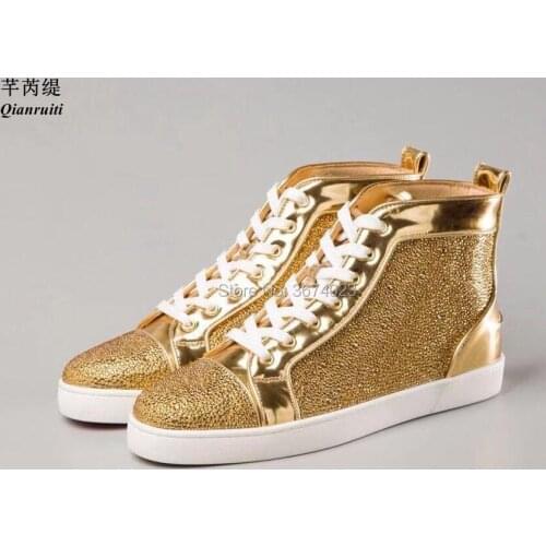 Qianruiti Runway Gold Silver White Men Crystal Studded Sneakers Casual High Top Shoes Lace Up Rhinestone Flats Party Shoes Men