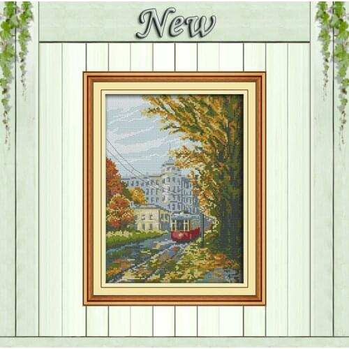 Tram city scenery decor diy painting counted printed on canvas DMC 11CT 14CT kits Chinese Cross Stitch embroidery needlework Set