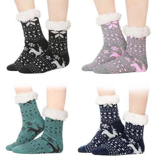 WOJWSKI Women Autumn And Winter Thick Plush Knit Cotton Socks Warm Reindeer Knit Socks Non-Slip Home Floor Socks Unisex