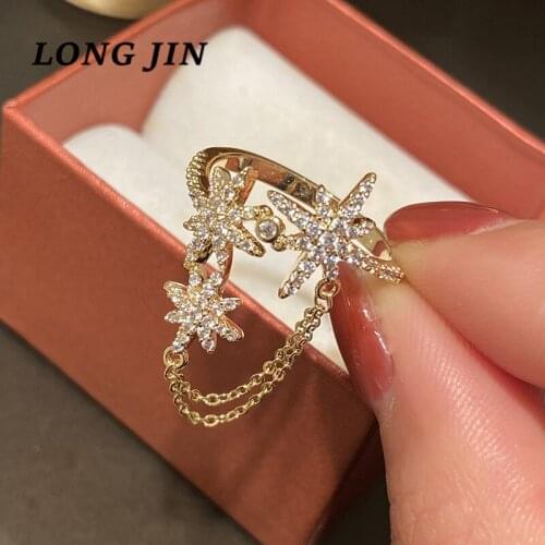 Japan South Koreas New Chain Tassel Ring Meteor David Star Cubic Zircon Snowflake Female For Women Modern Geometric Jewelry