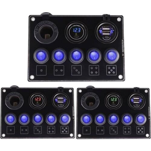 5 Gang ON-OFF Switch Panel 12V~24V Dual USB Socket LED Voltmeter Power Outlet for Boat RV Car Short Circuit Protection Switches