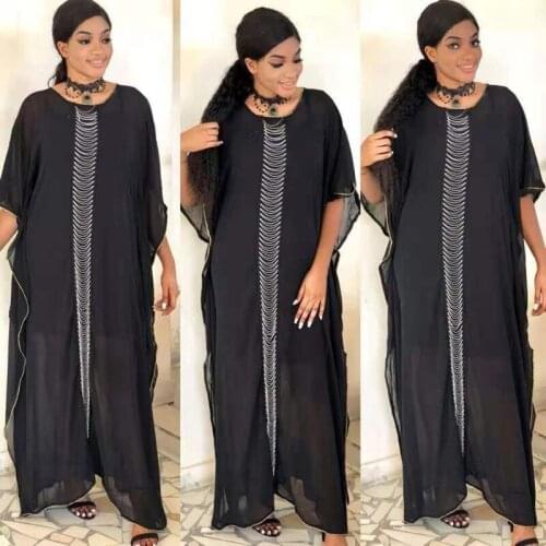 Sexy Half Batwing Sleeve O Neck African Dresses for Women Chiffon Summer Solid Appliques Black, White Maxi Dresses Vestidos