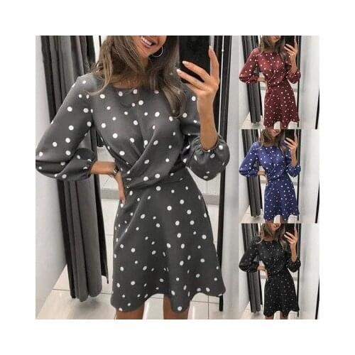 Spring and Summer New Style Female Fashion Street Polka Dot Printing Round Collar Nine Minutes Sleeve Dress