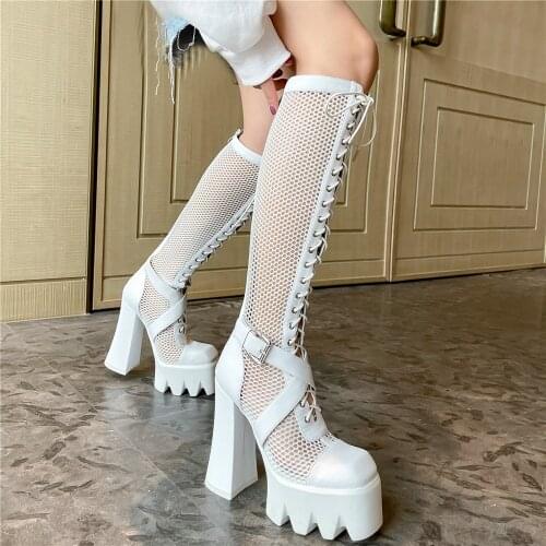 Women Lace Up Genuine Leather High Heel Knee High Gladiator Sandals Female Summer Breathable Mesh Chunky Platform Pumps Shoes