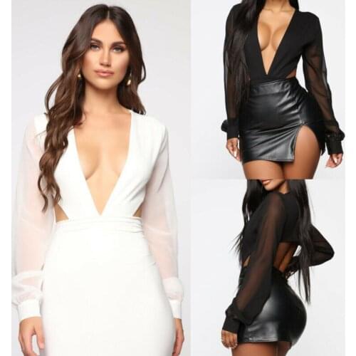 Sexy Womens Backless Jumpsuit V-Neck Sheer Mesh Romper Long Sleeve Tops Casual Fashion Bodysuits