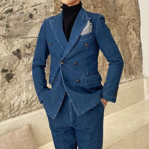 Blue/Black Oxford Denim Wedding Suits Formal Mens Groom Wear Blazer Terno Masculino Slim Fit Double Breasted Jackets With Pants
