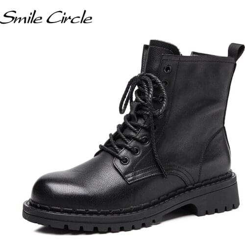 Smile Circle Short Boots Women Motorcycle Boots Platform Boots Fashion Cow Leather Ladies Shoes Casual Booties Autumn