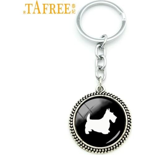 TAFREE Vintage cute animal jewelry keychain Scottish Terrier pet dog glass cabochon pendant key ring holder pet lover gift KC504