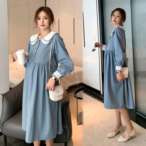 2021 Spring Korean Fashion Plaid Cotton Maternity Dress Chic Ins Sweet Clothes for Pregnant Women Loose Pregnancy Dress
