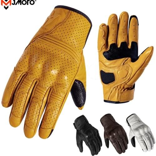 2021 New Vintage Motorcycle Gloves Cafe Racer Retro Yellow Leather Motocross Gloves Touch Screen Motorbike Biker Guantes Moto