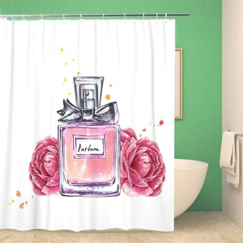 Bathroom Shower Curtain Pink Vintage Perfume Bottle and Flowers Watercolor in Sketch Polyester Fabric 72x78 inches Waterproof