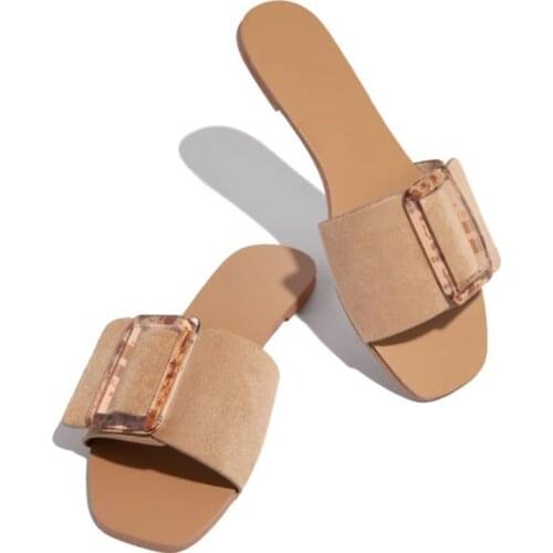 2021 summer new style fashion casual solid color all-match metal sheet decoration square toe open-toed outdoor womens slippers
