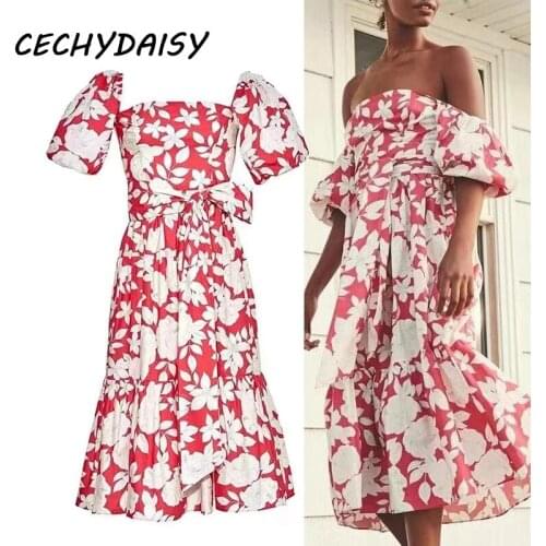 Vintage Dress Summer 2021 Square Collar Sexy Lantern Sleeve Red Floral Printed Women Clothes Chic Midi Dresses Robes Vestidos Za