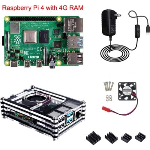 Raspberry Pi 4 Model B with 1/2/4GB RAM RPI4 Acrylic Case RPI 4B 5V3A Power Adapter Cooling Fan Aluminum Heat Sink Optional