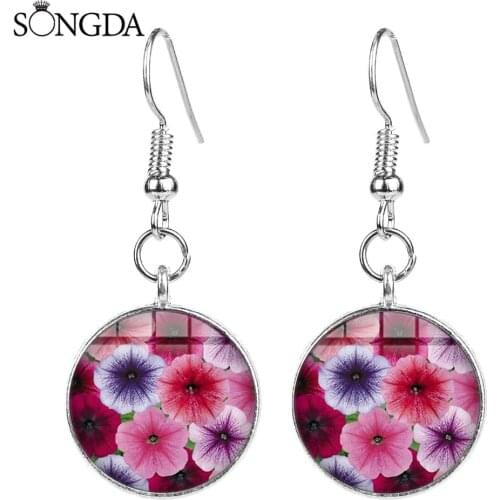 Boho Flower Flamingo Art Photo Glass Cabochon Hook Earrings Handmade Colorful Plante Drop Earrings For Women Party Gift Jewelry