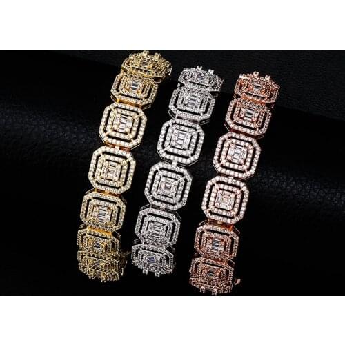 Hip Hop Claw Setting AAA+ CZ Stone Bling Iced Out Square Tennis Link Chain Bangles Bracelets for Men Rapper Jewelry 13mm wide
