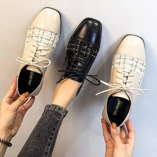Preppy Girls oxford shoes for women lace up flats square toe loafers derbies 2020 plaid patchwork small leather shoes woman34-43