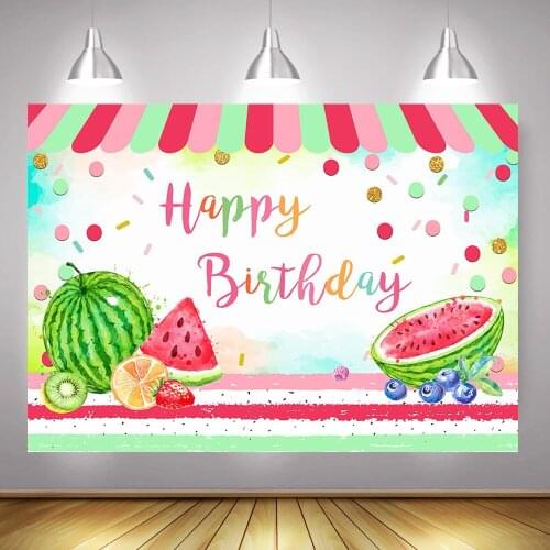 Summer Fruit Happy Birthday Party Backdrop Photocall Sweet Children Fruit Tropical Watermelon Lemon Video Colorful Background