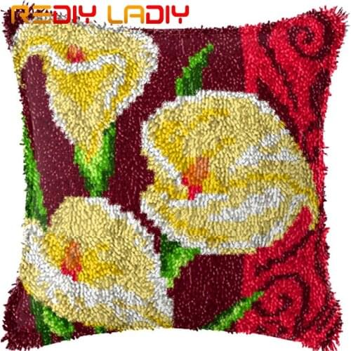 Latch Hook Cushion Gold Calla Pillow Case Pre-Printed Color Canvas Acrylic Yarn Latched Hook Pillow Kits Crochet Cushion Cover