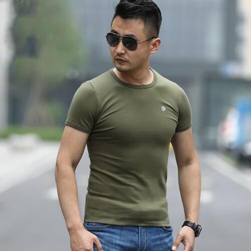 Outdoor Summer Tactical Quick Dry T-Shirt Men Short-Sleeved Military Fan Round Neck Slim Stretch Climbing Training Sport T-Shirt