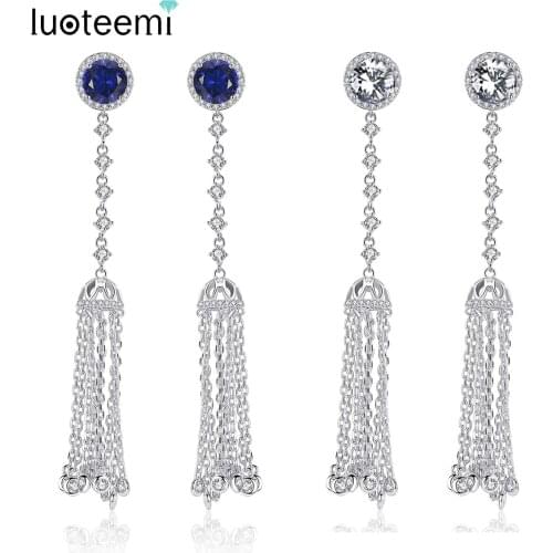 LUOTEEMI Long CZ Chain Tassel Drop Earrings For Women Blue Color Big Large Brinco Statement Bohemian Party Jewelry Colgantes