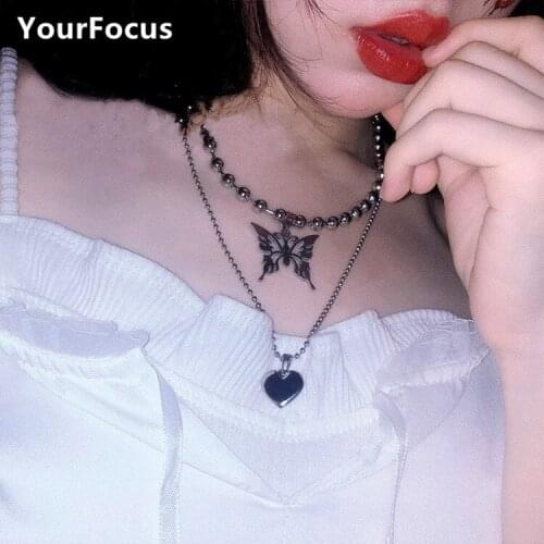 New exclusive harajuku punk stainless steel beads necklace kawaii cute lolita butterfly choker women
