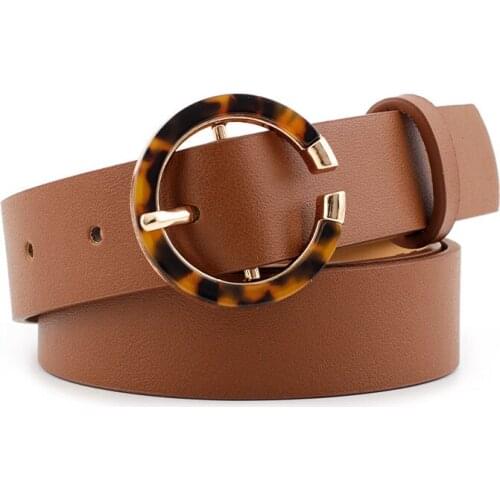 Best Women Belt Imitation Leather Alloy Plastic Buckle Belt New Fashion Wild Round Leopard Buckle Retro Decorative Belt