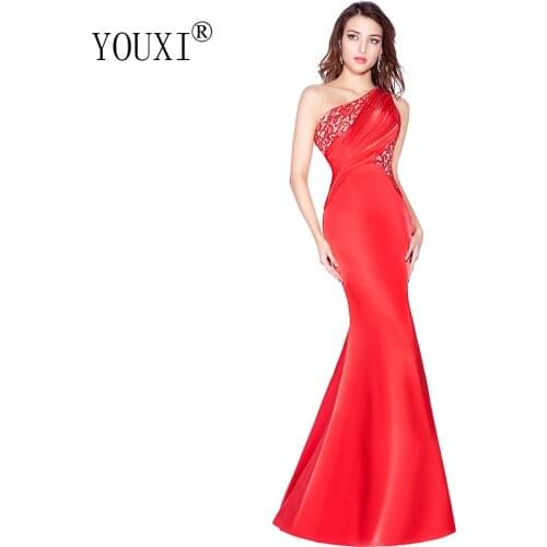 Sexy Long Prom Dresses 2019 One Shoulder Red Satin Lace Beaded Pleated Formal Mermaid Vestido de Festa