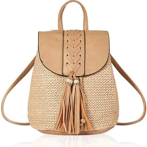 Women Fashion Straw Backpacks Rattan Shoulder Bags for Teenagers Handmade Weave School Bags Casual Summer Beach Handbags Totes