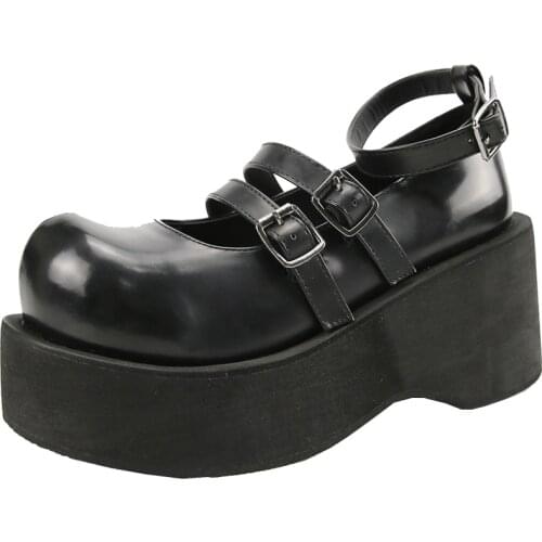 Women Lolita Belt Buckle Round Toe Gothic Punk Pumps Shoes Platform Wedge High Heel Creepers Japanese Harajuku Dark JK 2021