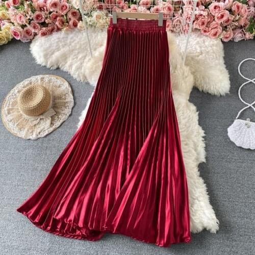 Vintage Red/Green/Blue/Black Satin Long Skirt Women Elegant Party High Waist Casual Faldas Female A-Line Slim Draped Saia 2021