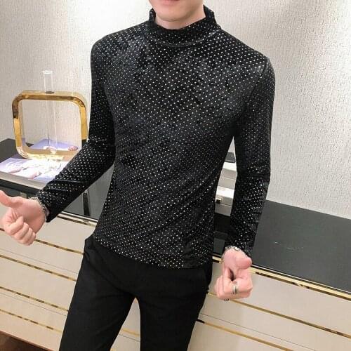 Turtleneck Golden Polka Dots T Shirt Men Fashion 2020 All Match Long Sleeve Men T-Shirts Casual Slim Fit Knitted Tee Shirt Homme