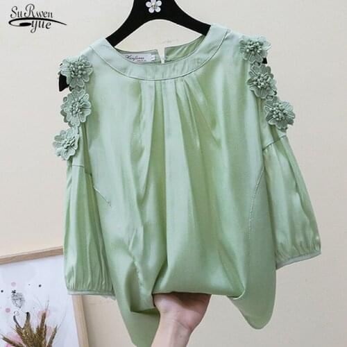 2021 Spring and Summer New Korean Loose Slim Fit Women Tops Off Shoulder Flower Embellishment Solid Chiffon Blouse Women 9531